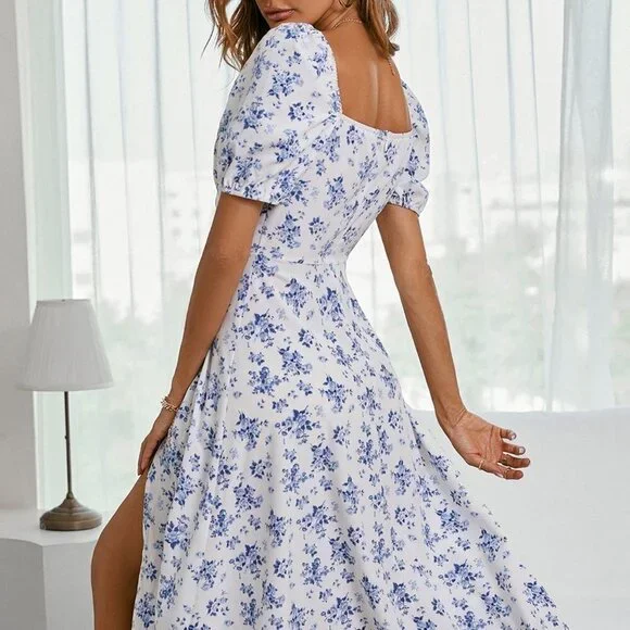 Blue & White Boho Womens Allover Floral Knot Split Thigh A-line Dress - Picture 3 of 5